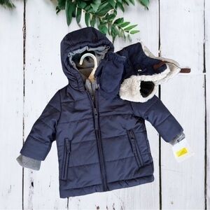Size 12 Months MWT Navy Blue Hooded Jacket Hat & Mittens by Starting Out